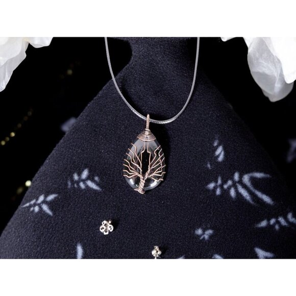 Black Onyx Tree of Life Pendant Necklace Healing Crystal Jewelry 18" Cord - Picture 1 of 7